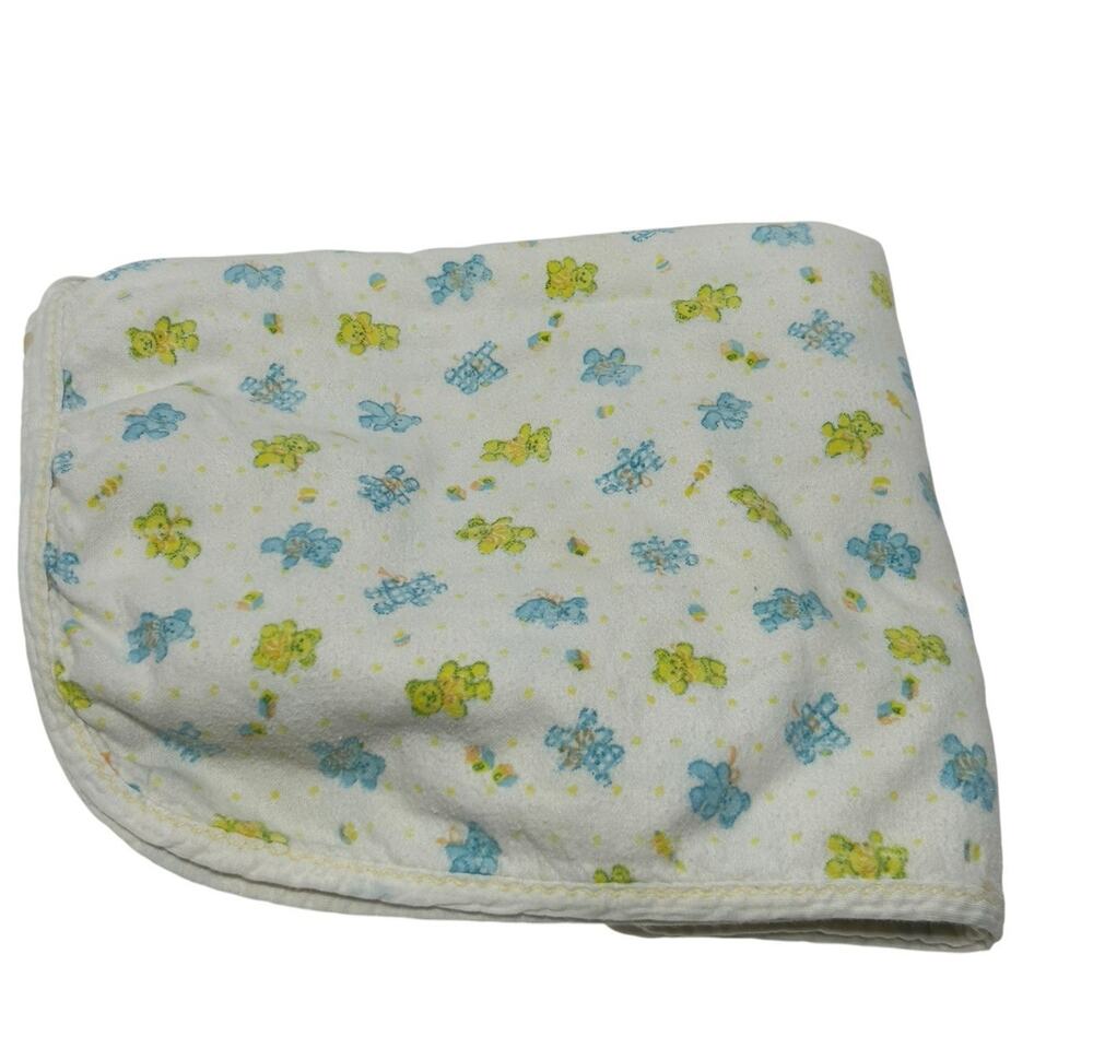 Vintage Stork Craft Cotton Baby Blanket Blue Yellow Green Bears Blocks